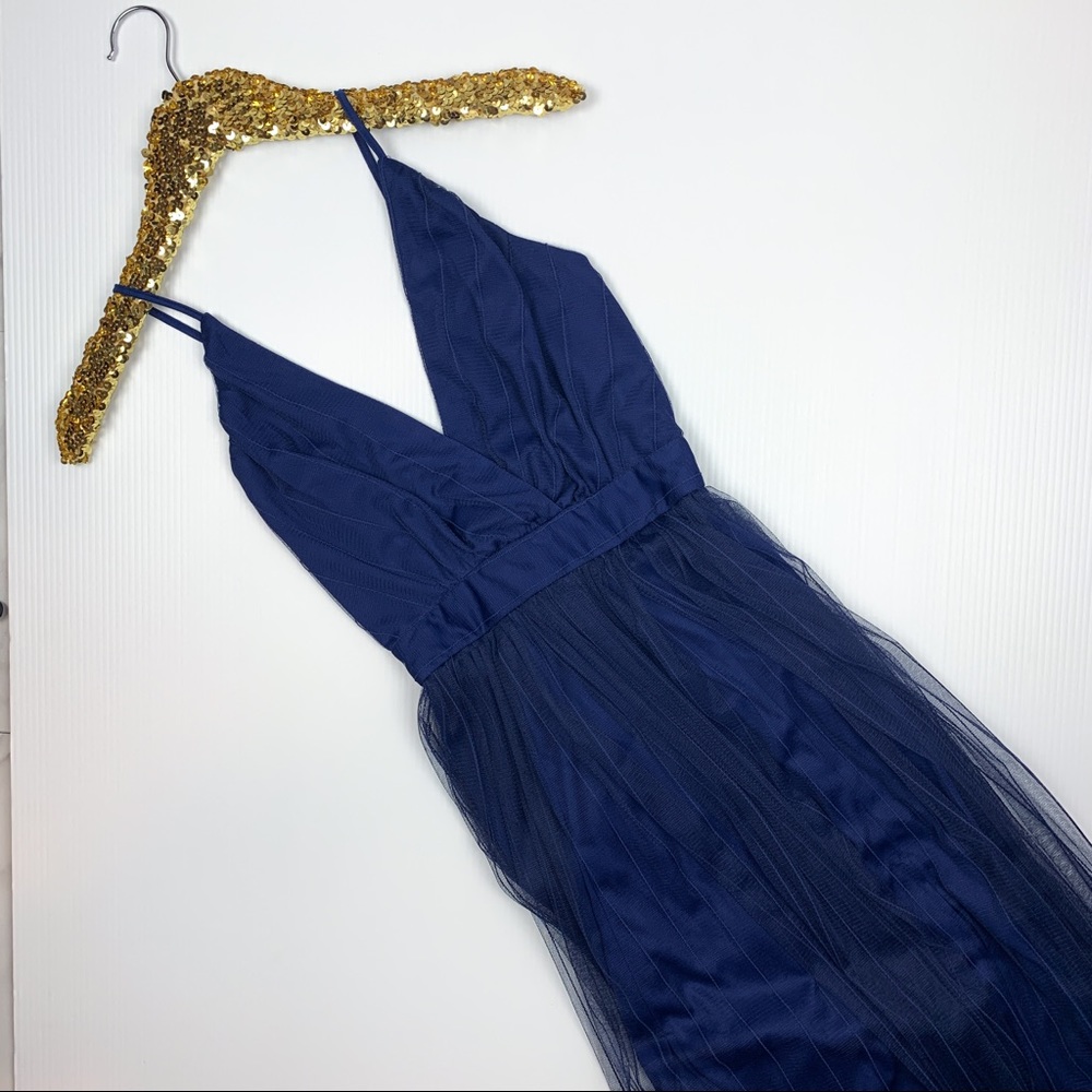 Navy Blue Criss Cross Back Mesh Elegant Maxi Dress - Picture 9 of 11